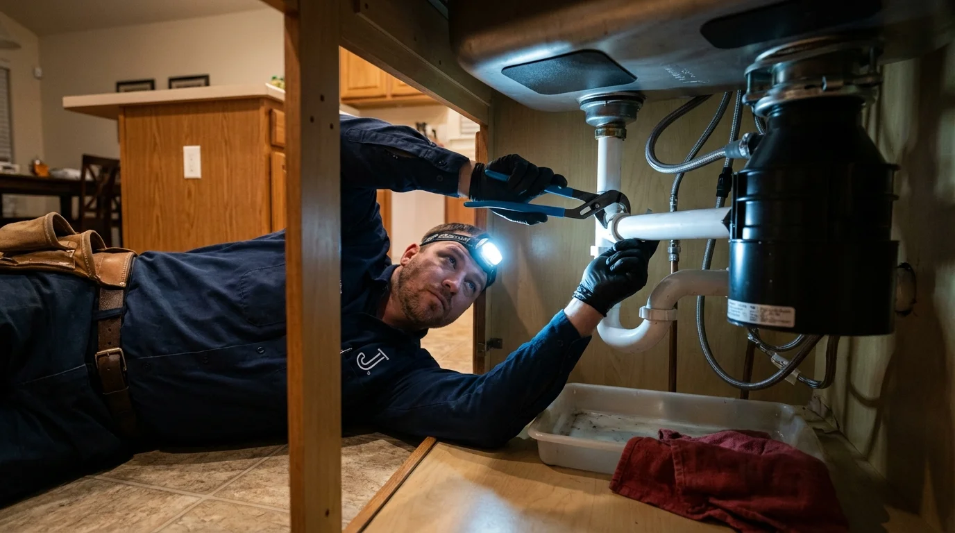 P-trap and supply line connections under a kitchen sink showing a common leak point in Milan, OH